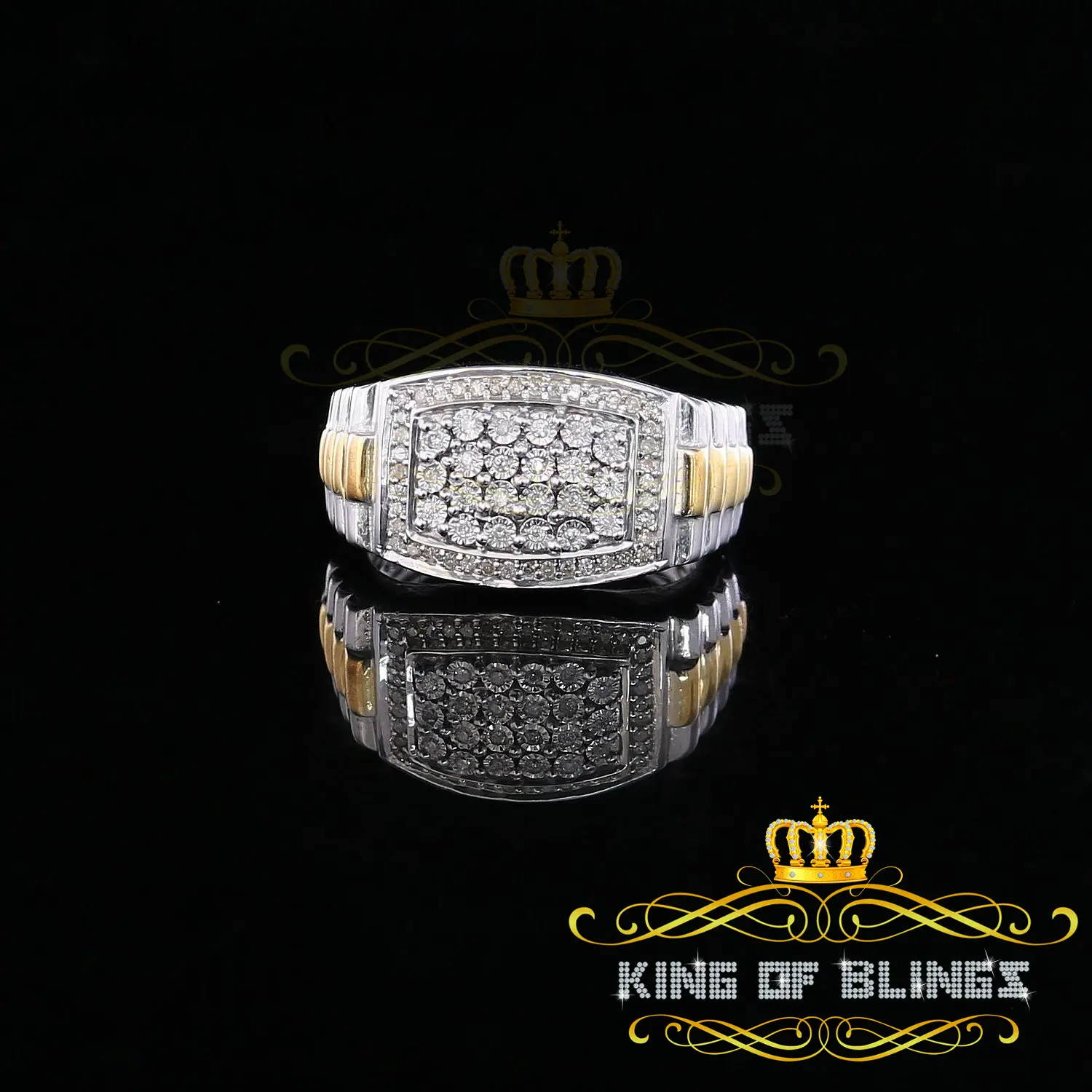 King Of Bling's 0.25 CT Real Diamond 925 Sterling White Silver Two Tone Shine Men's Ring Size 10