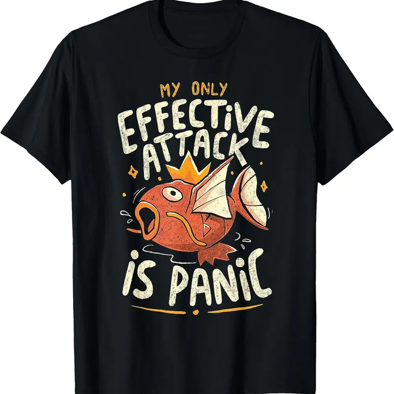 Men's Vintage Shortsleeve Cotton Bold Slogan Tee - Mens Clothing Round Neck Distressed Graphic Top, Festive "Effective Attack Is Panic" Anime Design, All Seasons Unisex Streetwear Gift