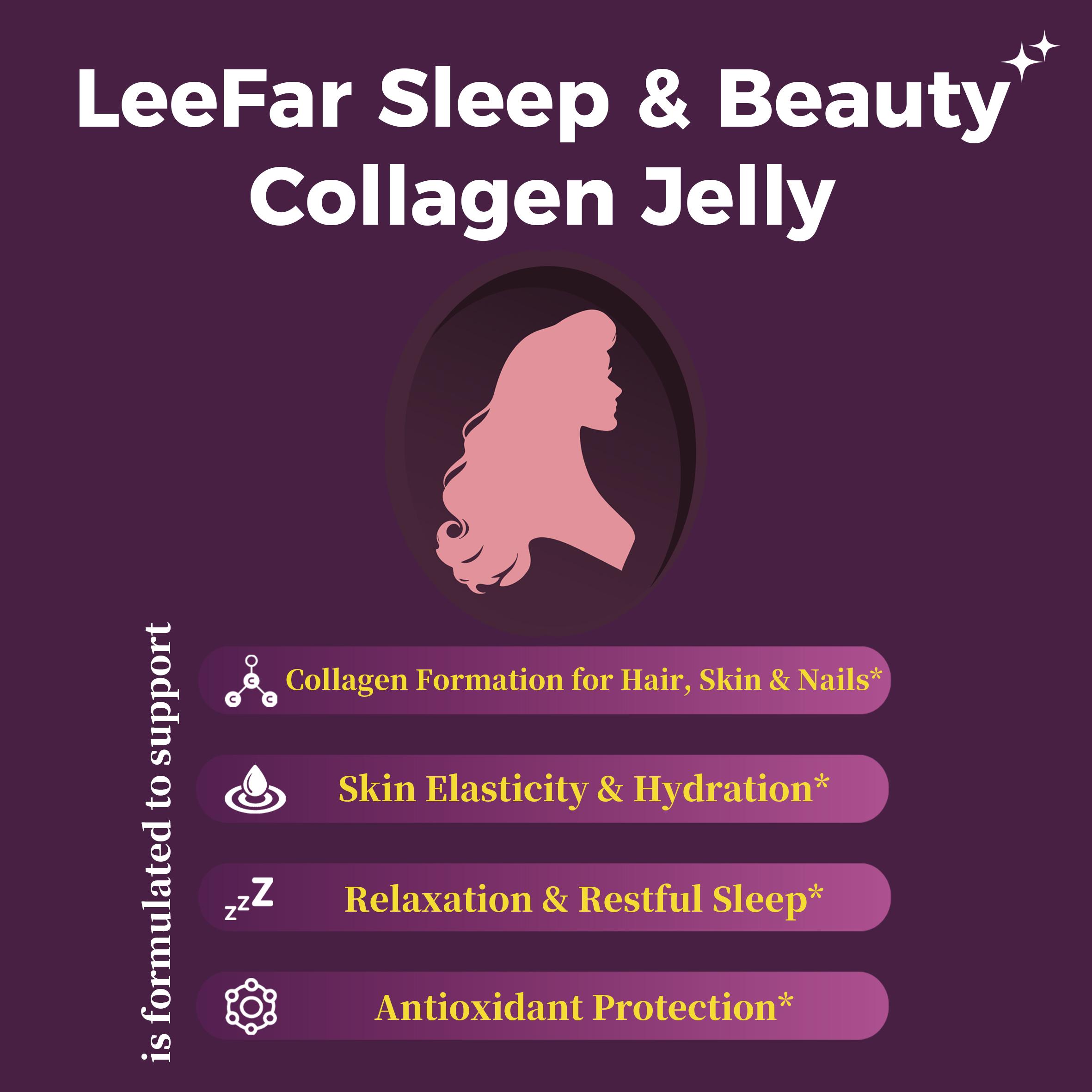 LeeFar Sleep & Beauty Collagen Jelly – 1800mg Bio-Peptides Collagen + Nighttime Blend | Magnesium Glycinate, L-Theanine, Hyaluronic Acid | Restful Sleep, Skin Elasticity & Hydration, Collagen Formation for Hair, Skin & Nails | Grape Flavor |15 Stick Packs
