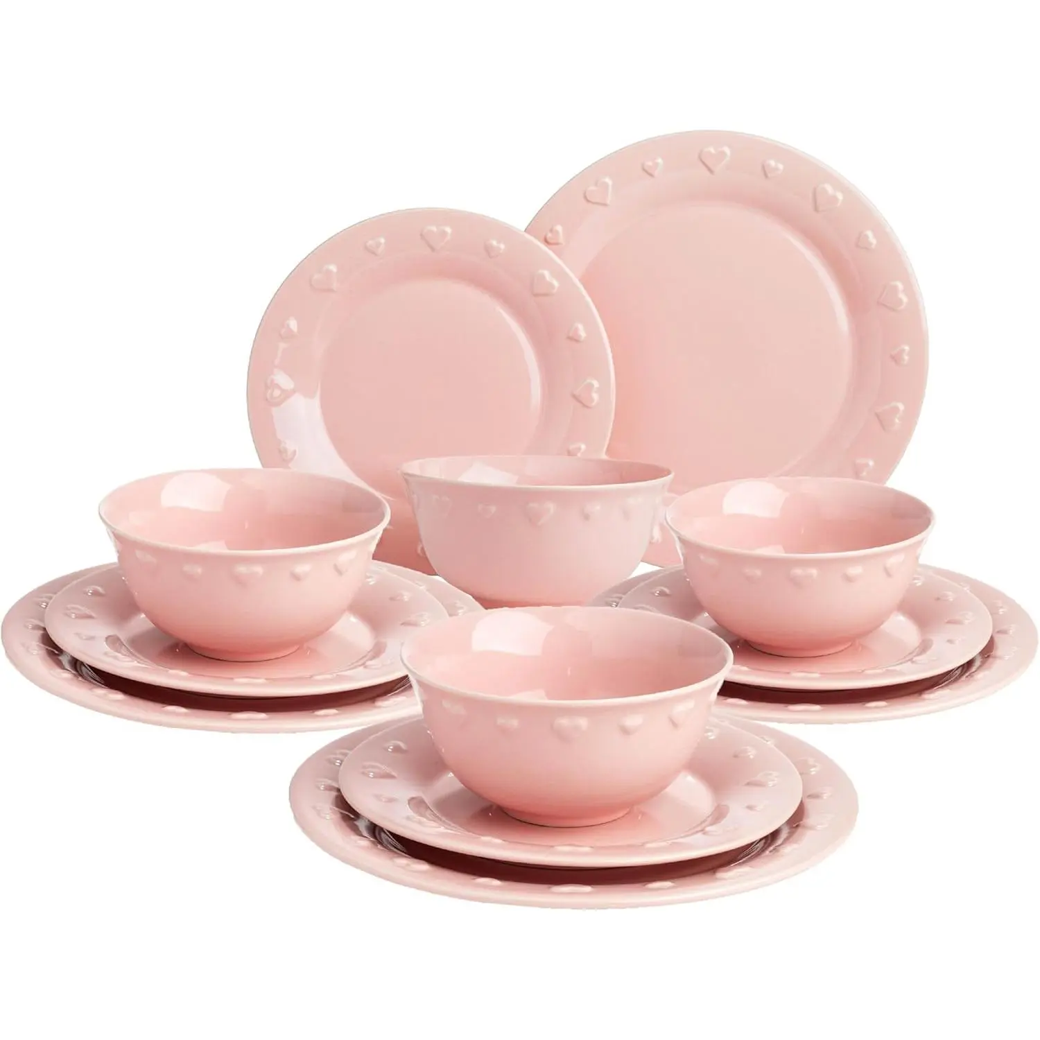 BPA-Free 12-Piece Ceramic Stoneware Dinnerware Set for 4 with Cutlery - Embossed Heart Prints, Dinner Plates, Salad Plates, Bowls, Microwave Safe, Versatile & Functional Pink Tableware for Hosting