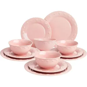 Stylish 12-Piece Ceramic Stoneware Dinnerware Set for 4 - Embossed Hearts Design, Dinner Plates, Salad Plates, Bowls, Microwave & Dishwasher Safe, Pink Tableware