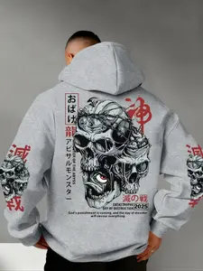 An autumn/winter men's dark, curious-themed horror skull, Skeleton print fleece-lined hooded sweatshirt, perfect for dark-themed personal style, gothic fashion, streetwear, hip-hop, and versatile for various occasions