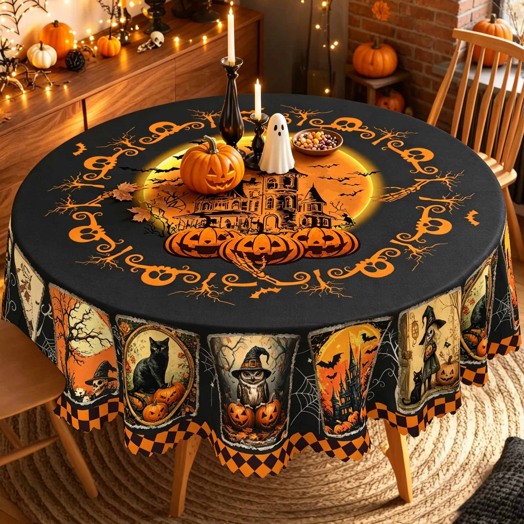Halloween Decor Printed Tablecloth, Day Of The Dead Round Table Cloth, Dining Table Decoration, Pumpkin Bat Witch Ghost Pattern Table Cover, Holiday Party Indoor Dining Decoration, Rectangular Table Cover, Holiday Household Kitchen Supplies Gift