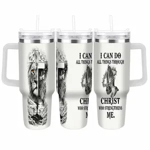 Inspirational Lion Cross Christian Faith Car Cup (40oz/30oz/20oz) Prayer Hands - Positive Religious Gift for Women Men, Spiritual Stainless Steel Tumbler for Church summerwins