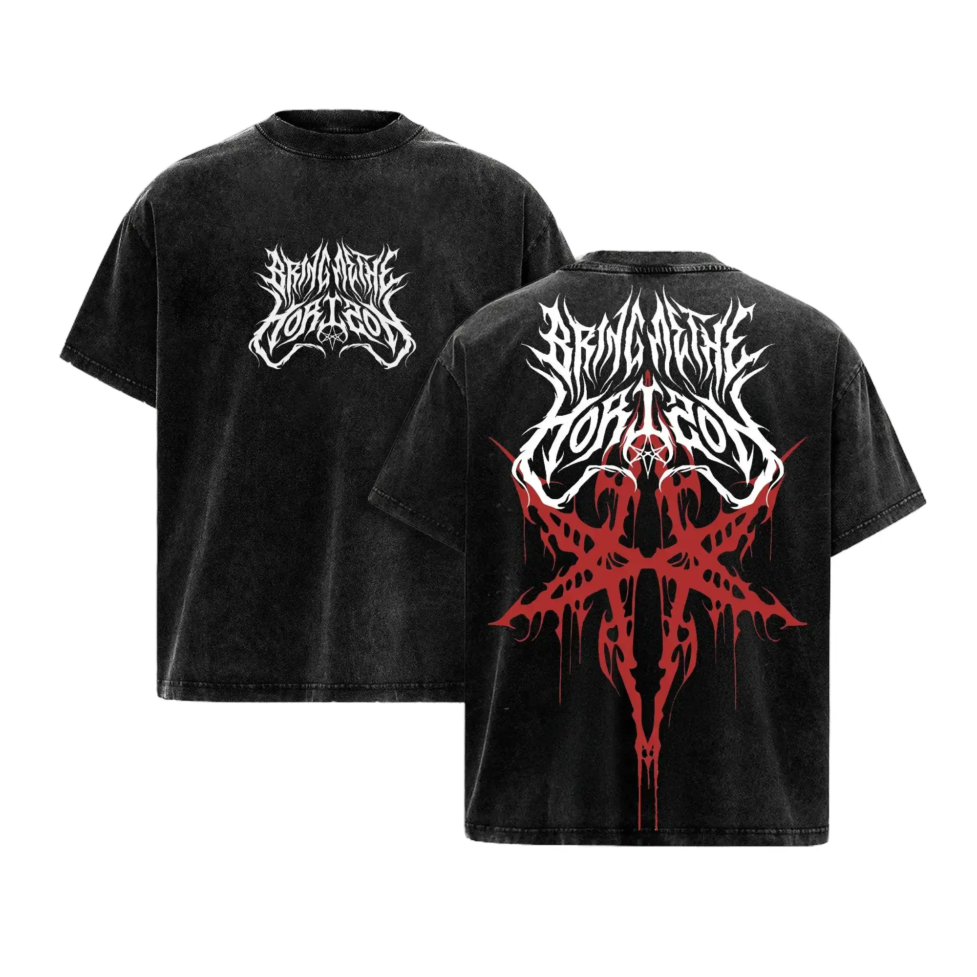 Bring Me The Horizon Vintage Washed Gothic Graphic T-Shirt | Oversized Cotton Tee for Men & Women | Y2K Grunge Alt Metal Rock Band Merch | Edgy Streetwear Concert Outfit Dark Aesthetic Heavy Metal Retro Faded Casual Everyday Top Apparel Tees