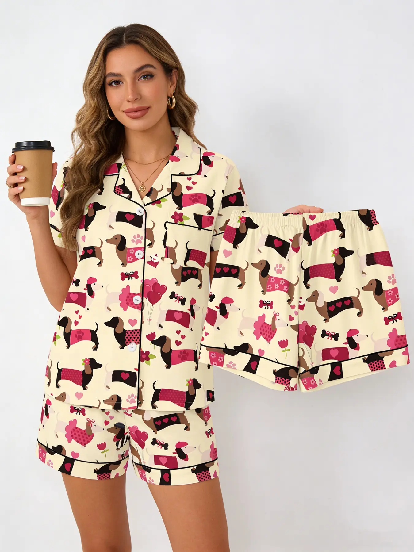 Playful Girl Cream Dachshund Pajama Set for Women, Button Down Short Sleeve, Spring Summer Casual Loungewear, Dachshund Print, Loose Fit Homewear, Casual Sleepwear Set, Pajamas Lounge Set