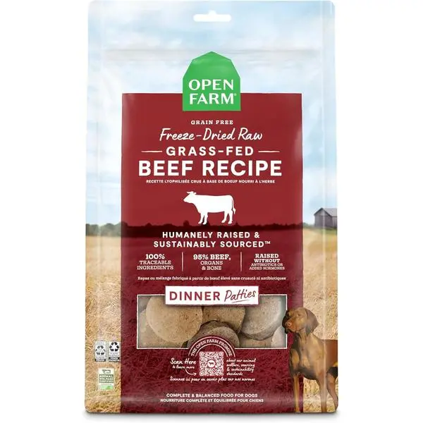 Open Farm, Freeze Dried Raw Dog Food, Patties with 95% Meat, Organs & Bone, Complete Meal or Freeze Dried Dog Food Mixer, Grass-Fed Beef Recipe, 10.5oz Bag