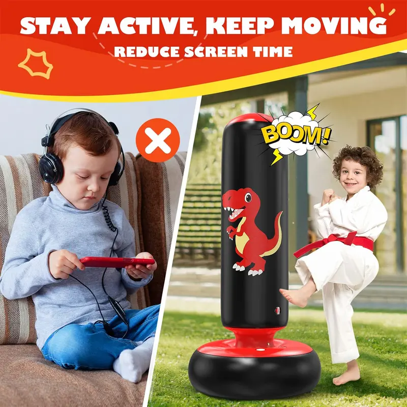 QPAU 48-Inch Freestanding Inflatable Dinosaur Punching Bag for Toddlers Ages 3-6, Indoor & Outdoor Sports Toy, Cool Gifts for Kids Boys & Girls (Dino Fun for 3-6), familyfun, Christmas Gift
