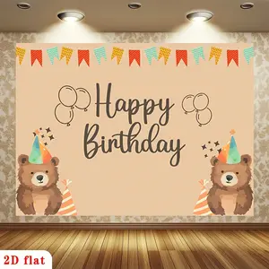Beige Happy Birthday Teddy Bear Party Banner Backdrop Tapestry, Party Hat Balloons and Pennant Flags Design, Polyester Background Decor for Farm, Garden, Home, Room and Club, Valentine’s Day Party Decoration