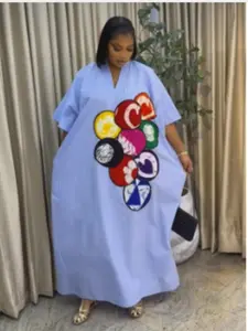 Fashion V-Neck Half Sleeve Plus Size Polyester Loose Striped Maxi African Dress, Stylish Modest Women's Casual Clothing, Comfortable and Breathable