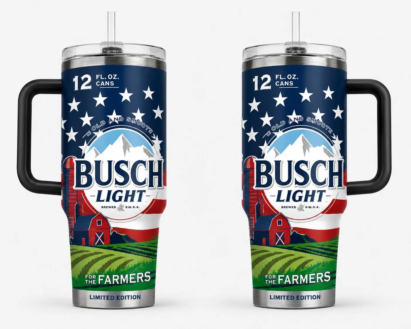 Busch Light For the Farmers 40oz Tumbler with Handle, American Flag Farm Stainless Steel Insulated Travel Mug, Tractor Barn Rural Country Cup with Straw, Gift for Farmers and Busch Light Fans