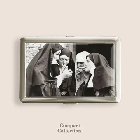 Vintage Stainless Steel Patterned Funny Smoking Nuns Cigarette Box - Compact Button-Open Epoxy Resin Plastic 100s Storage Wallet, ID/Business Card Holder, Metal Arms, 4in L x 2.67in W x 0.67in H Home Organizer, Great Gift for Friends