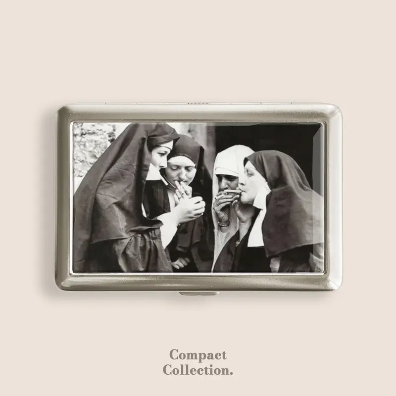 Vintage Stainless Steel Patterned Funny Smoking Nuns Cigarette Box - Compact Button-Open Epoxy Resin Plastic 100s Storage Wallet, ID/Business Card Holder, Metal Arms, 4in L x 2.67in W x 0.67in H Home Organizer, Great Gift for Friends