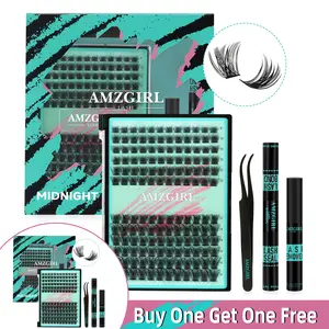 【Buy One Get One Free】AMZGIRL LASH DIY Lash Extensions Kit 144pcs Midnight Waterproof Eyelashes Makeup Cosmetic Set with Bond Seal Remover Applicator