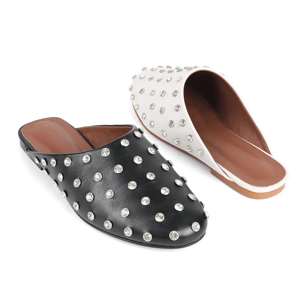 Women's Comfortable Rhinestone Mules - Closed Round Toe Slides, Slip-On Flats, Slingback, Summer, Wide Width