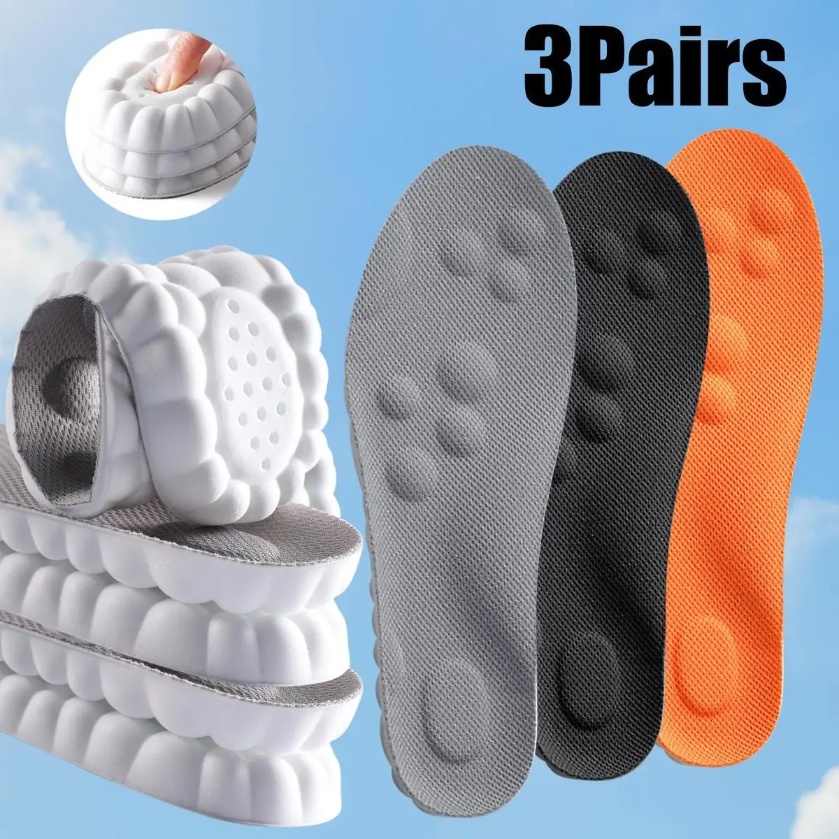 3 Pairs Memory Foam & EVA Foam Shoe Insoles with Shock Absorb., Anti-Fatigue Inserts for All-Day Comfort, All Seasons