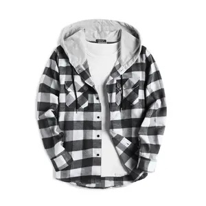 COOFANDY B Lightweight Men's Red & Navy Plaid Hoodie Flannel Shirt Jacket Long Sleeve Casual Fashion Button Shirts Menswear Coats Tops with Drawstring & Elastic Closure