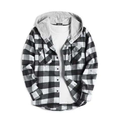COOFANDY B Lightweight Men's Red & Navy Plaid Hoodie Flannel Shirt Jacket Long Sleeve Casual Fashion Button Shirts Menswear Coats Tops with Drawstring & Elastic Closure