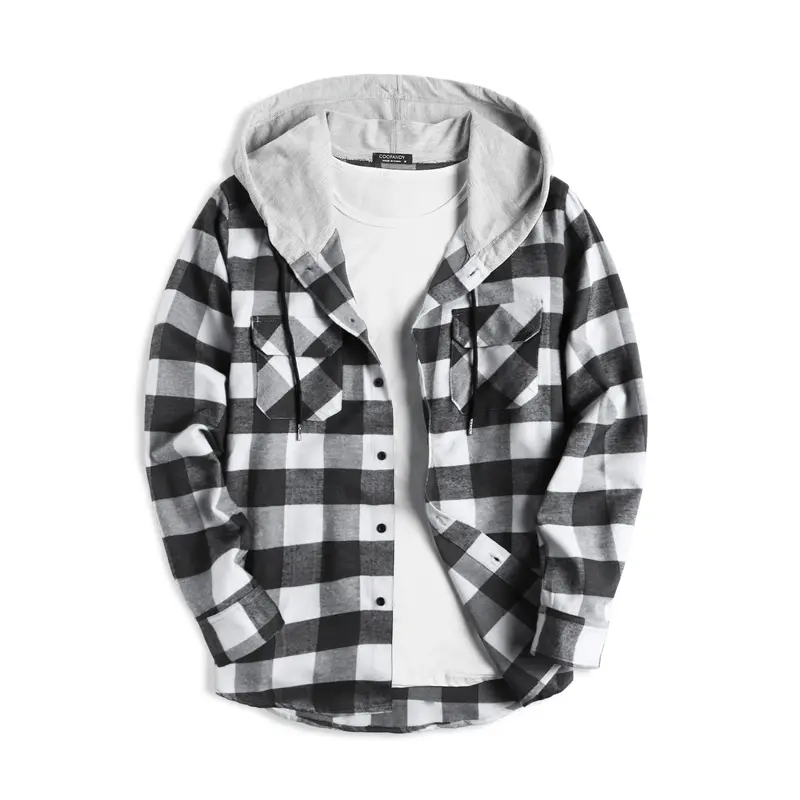 COOFANDY B Lightweight Men's Red & Navy Plaid Hoodie Flannel Shirt Jacket Long Sleeve Casual Fashion Button Shirts Menswear Coats Tops with Drawstring & Elastic Closure