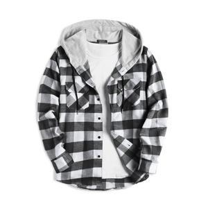 COOFANDY B Lightweight Men's Red & Navy Plaid Hoodie Flannel Shirt Jacket Long Sleeve Casual Fashion Button Shirts Menswear Coats Tops with Drawstring & Elastic Closure