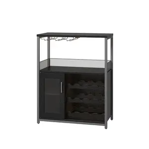 Wooden Corner Wine Rack, Wine Bar Cabinet with LED Lights, 3-Tier Coffee Bar Cabinet Freestanding Floor w/Glass Holder