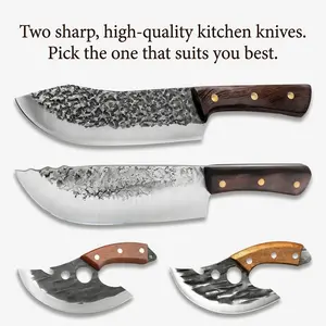 2PCS Meat Cleaver Knife Set Lightweight Sharp Kitchen Cleaver 7.48 Inch Viking Knife with Leather Sheath Full Tang High Carbon Steel Butcher Knife for Meat Cutting Home Cooking Outdoor BBQ Camping Grill Heavy Duty Chopping Tool
