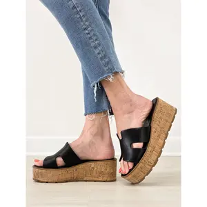 H Black Smooth Platform Wedge Slide Sandals