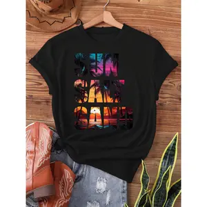 Beach Sun Stalt Sand. Print T-shirt, Short Sleeve Crew Neck Casual Top for Summer & Spring, Women's Clothing