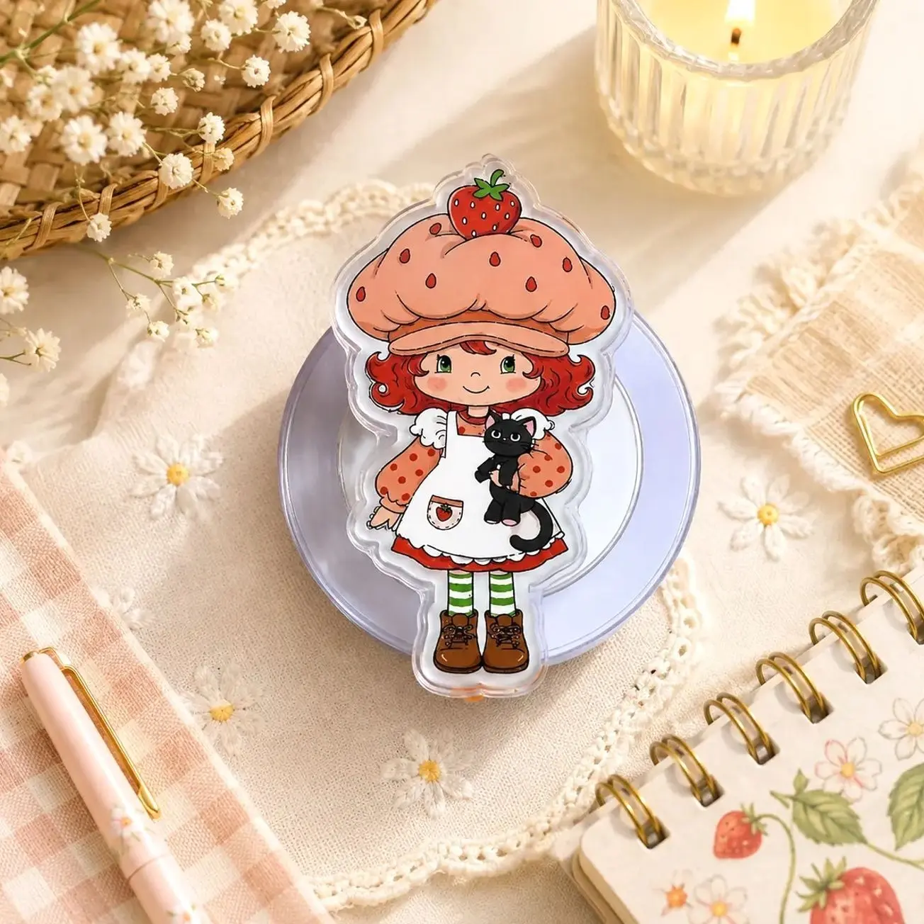 Strawberry Girl Magnetic Phone Grip, Cute Strawberry Cottagecore MagSafe Phone Holder, Kawaii Redhead Kindle Grip Stand, Berry Lover Gift