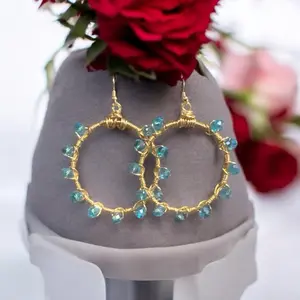 Ice Blue Crystal Gold Copper Hoops