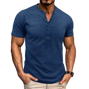 Round Neck Men's Short Sleeve Retro Henley T-Shirt Summer Outdoor Top