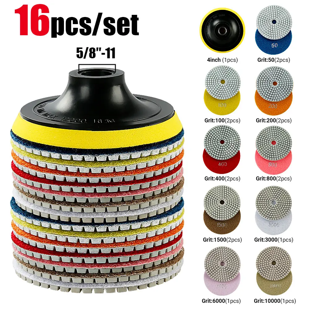 16PCS 4"(100MM) Professional Diamond Polishing Kit - 5/8"-11 Wet/Dry Grinding Pads for Granite, Marble, Concrete, Stone - Angle Grinder Discs & Backing Pads Set