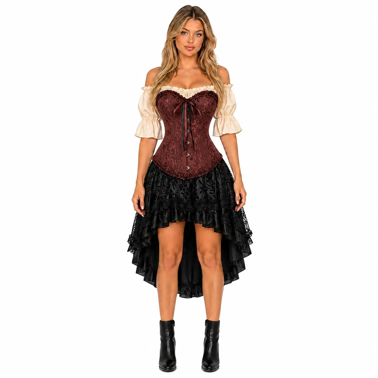 3PC  Fashionable Corset Outfit Women PARLSDY Gothic Steampunk Pirate Plus Size Blouse Skirt Set Perfect for Halloween Gothic Party 819/6505/7056