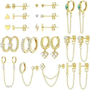 Jstyle 27PCS 14K Golden Plated Huggie Hoop Stud Earrings Set for Women | Fashion Hypoallergenic Small Dainty Dangle Chain Earrings for Multiple Piercing, Minimalist CZ Ball Mini Cartilage Stud Earrings Daily