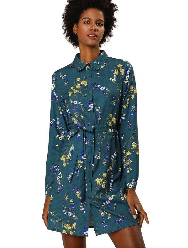 INSPIRE CHIC Women's Button Down Vintage Polka Dots Dresses Collar Tie Belted Floral Shirt Dress Teal Blue