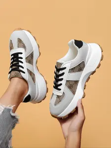 Women's Fashionable Patchwork Lace Up Sneakers, Casual Comfortable Breathable Platform Sports Shoes, Retro All-match Round Toe Shoes for Daily Wear