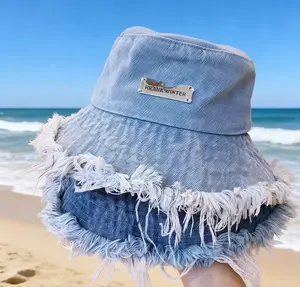 Women's Denim Bucket Hat, Spring/Summer Thin Washed Distressed Frayed Edge Popular Outdoor Wide-Brim Sun Protection Hat