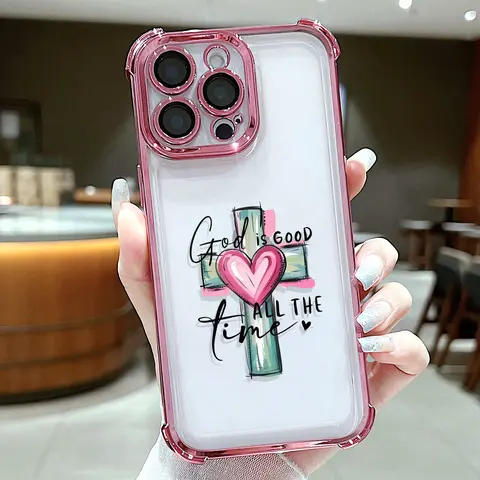 God is Good & Cross Heart Pattern Smartphone Case - Electroplated Airbag Anti-Drop Shockproof Slim Soft TPU Casing, Durable Easy-Install Mobile Phone Accessory for iPhone X/11/12/13/14/15/16/17/18 Pro Max Plus Air