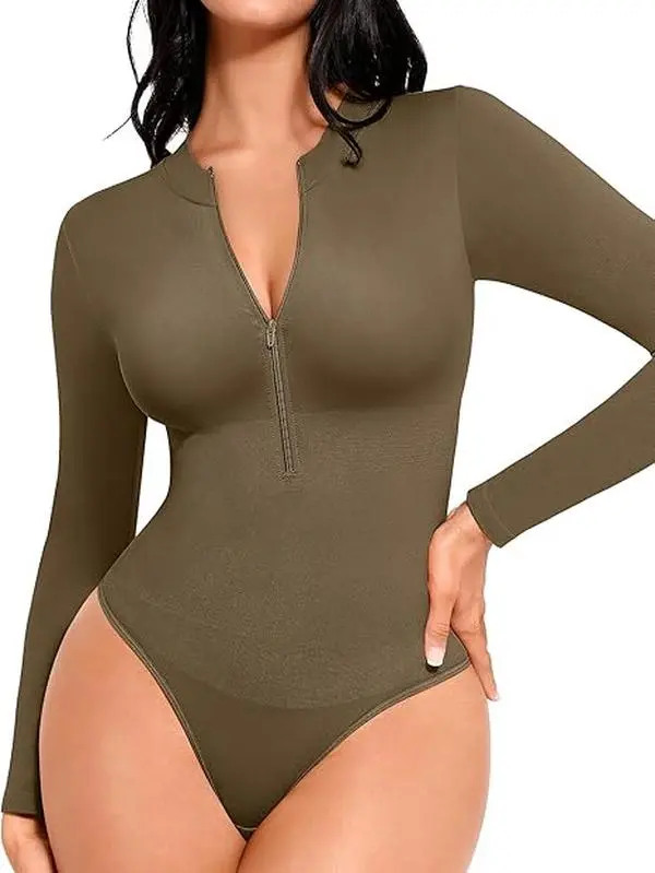 FeelinGirl Long Sleeve Bodysuit for Women Mock Turtle Neck Body Suits Zip Up Design Black Tummy Control Bodysuit Shirts Womenswear Collar