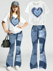 Girls Casual Fashion T-Shirt & Bell Bottom Pants Set, Faux Denim Print Design, Spring Summer Fall, School Outdoor Activities Party Gift