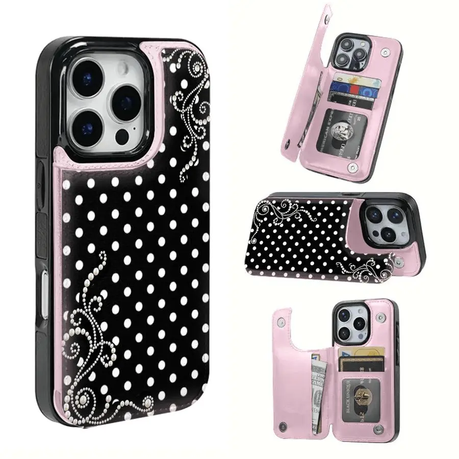 Pearl Polka Dot Dream Pattern Leather Card Holder Wallet Phone Case, Trendy Protective Cover, Ideal Holiday Gift for Couples Compatible with iPhone 12-17 Series & Samsung Galaxy S22-S26