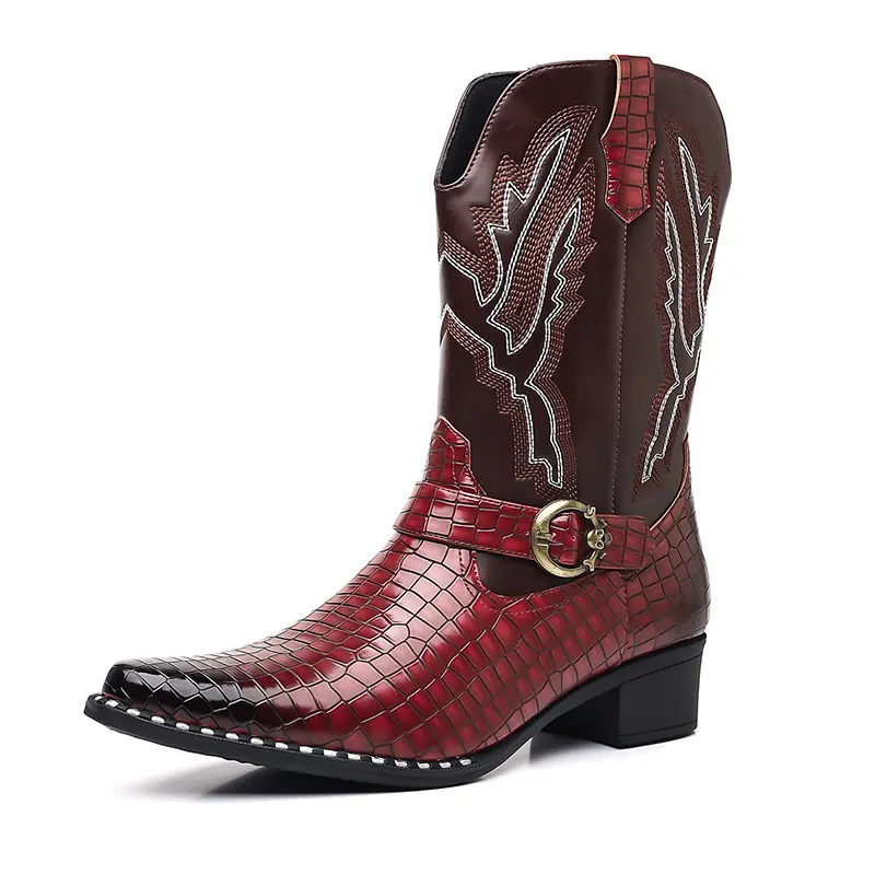 Western Cowboy Boots for Men Vintage Embroidered Leather Ankle Boots with Square Toe Low Heel Casual Riding Work Boots Stylish Durable Design