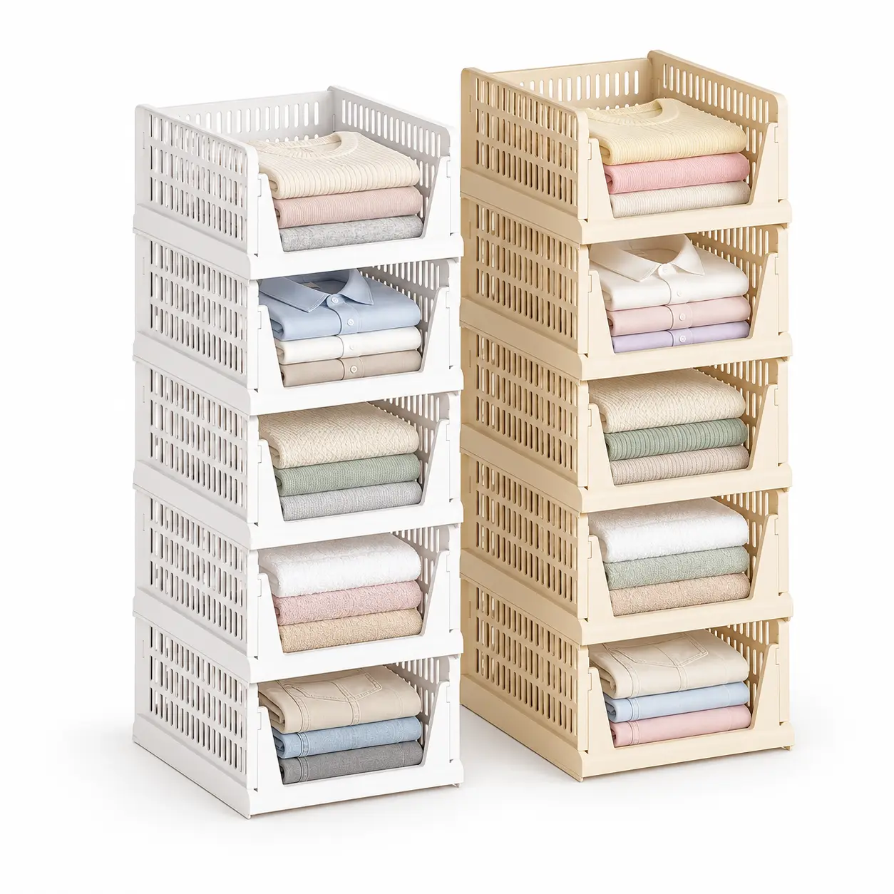 10-Pack Bulk Foldable Plastic Folding Bins - Stackable Organizer Baskets for Storage Organization, Closet Storage, Fits Drawers, Kitchen Pantry, Dorm Wardrobe