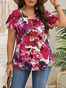 Plus Size Women's Petal Short Sleeve Floral Printed Shirt, Casual Boho Blouse, Summer Twisted Round Neck Fashion Top, Comfortable Boho Style for Daily Wear, Parties, Travel
