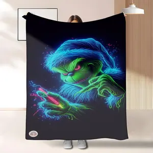 Fluorescent Grinch Dark Style Blanket, Cyber Neon Print Flannel Throw, Soft Comfortable for Sofa Bed Travel Camping, All-Seasons Blanket