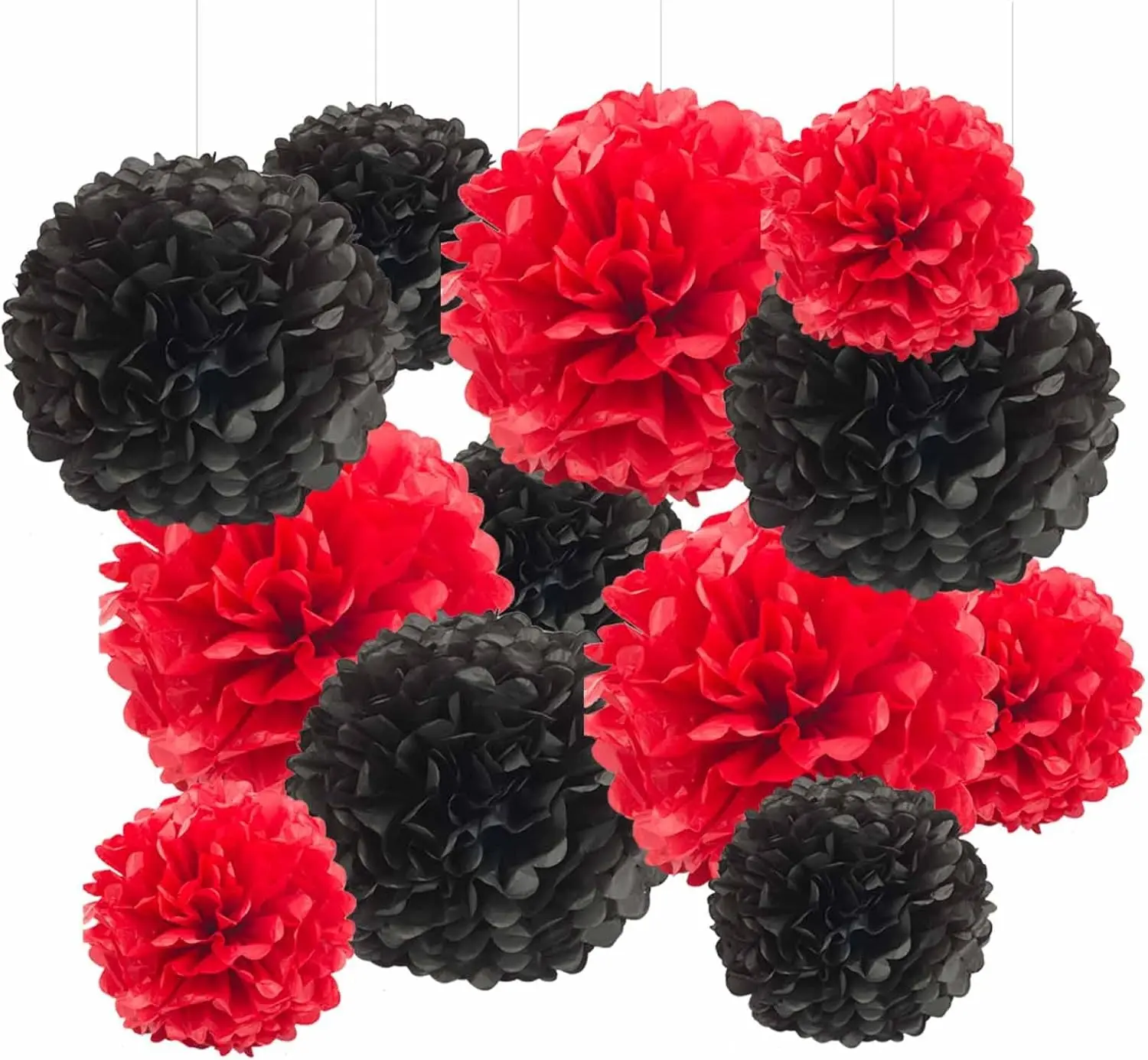 Black and Red Tissue Paper Pom Poms Hanging Tissue Flowers Poms Decorations Pack of 12 for Wedding, Birthday,Party Backdrop Decor ect. (12", 10",Tissue Paper Flowers)