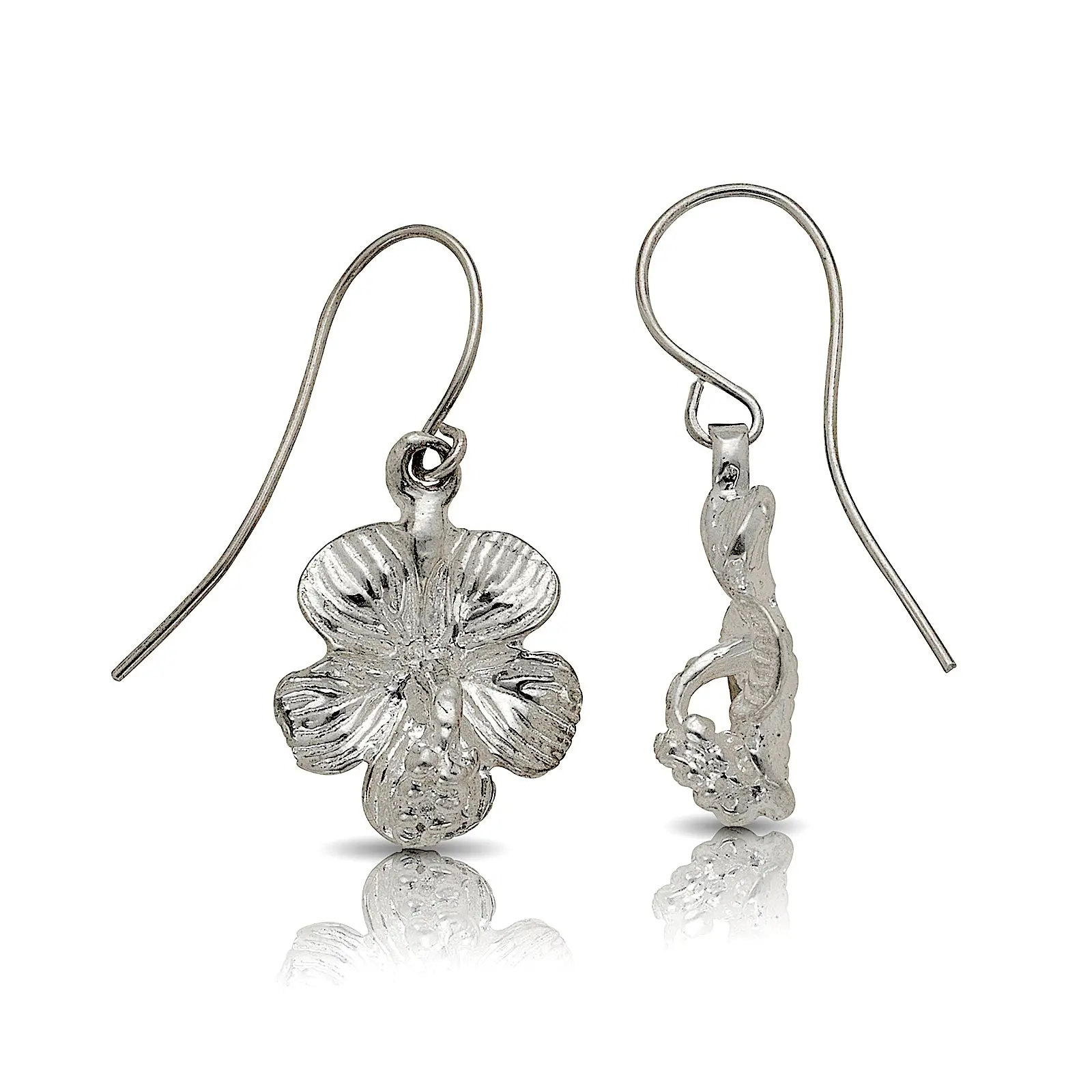 Handcrafted .925 Sterling Silver Hibiscus Drop Earrings for Adults, 4g Small Size