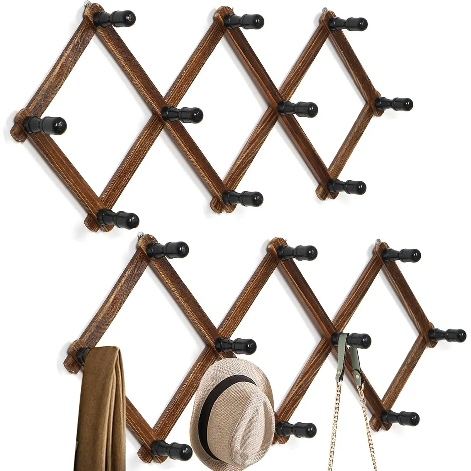 2 Pack Accordion Hat Rack for Wall - Expandable Coat Rack & Wall Mounted Hat Holder - Wooden Wall Hanger with 10 Peg Hooks for Coats, Baseball Caps,  & Mugs