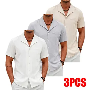 Men's 3 Pack Cuban Collar Short Sleeve Shirts, Linen Blend Button Down Tops, Breathable Casual Shirts for Daily & Beach Wear