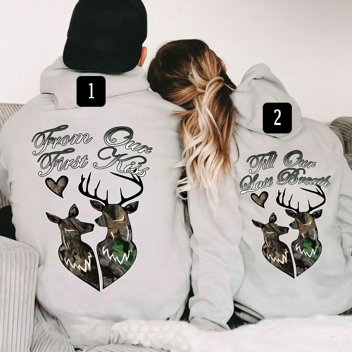 Women's Matching Couple Casual Hoodie - Unisex Hunting Camo Sweatshirt with Spandex Seamless Design & Pocket, "From Our First Kiss Till Our Last Breath" for Girlfriend/Boyfriend, Clothes, Long Length, Fit